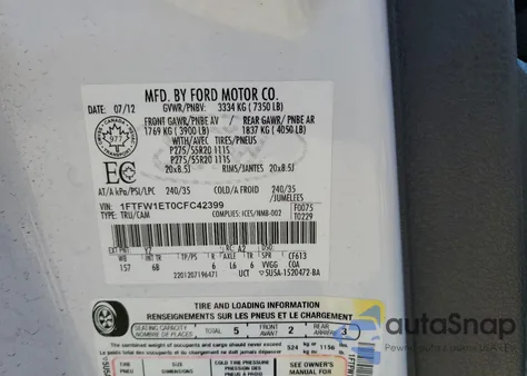 2012 Ford F150 Supercrew z USA, uszkodzony, nr VIN 1FTFW1ET0CFC42399